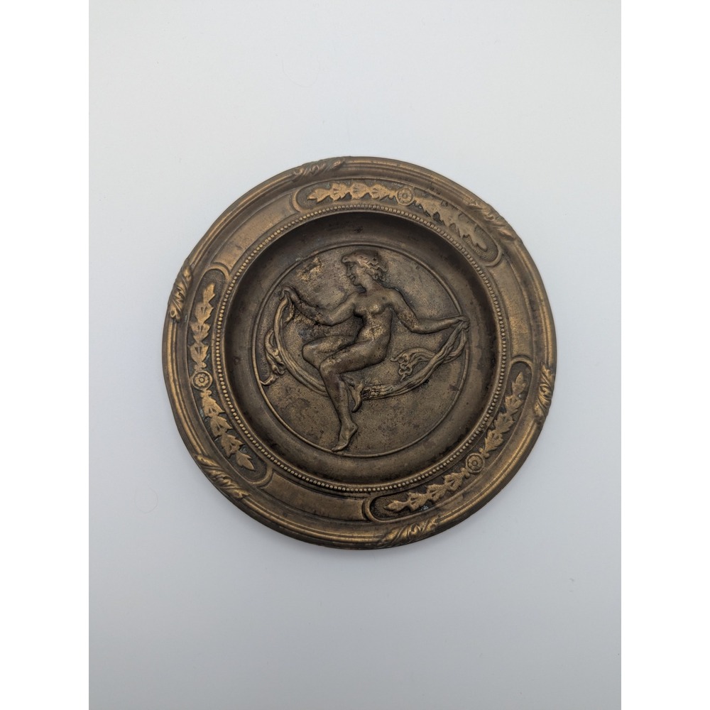 Antique Neoclassical Art Nouveau Bronze Victorian Change Tray Naked Lady 5" Bowl